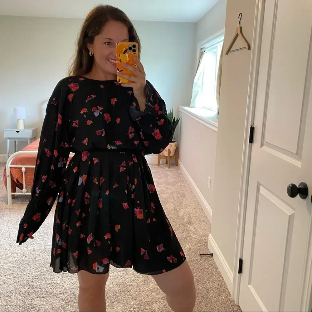 JASON WU Black Rose Floral Long Sleeve Mini Dress 10